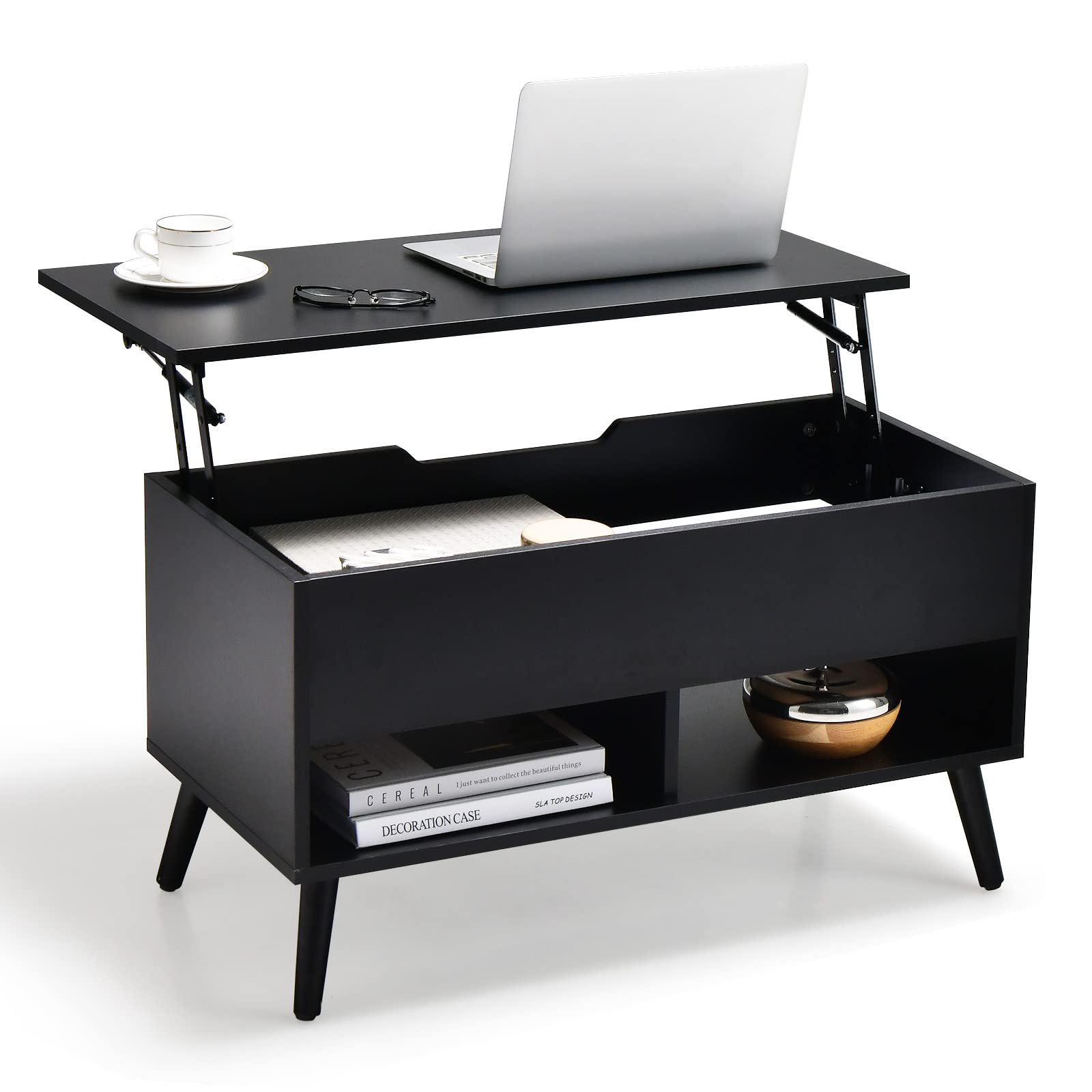 Table basse relevable Tangkula, table basse moderne avec compartiment caché et 2 étagères ouvertes